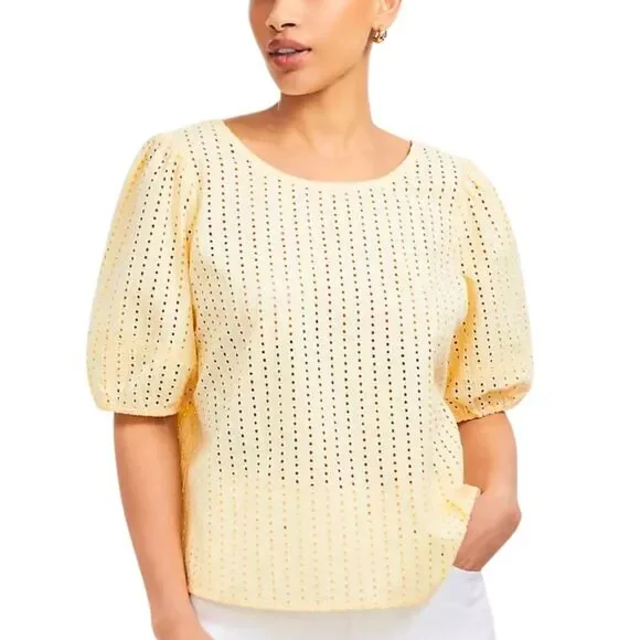 New Loft Eyelet Cutout Back Bubble Sleeve Top Butter Yellow - Picture 13 of 14